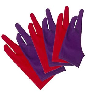 6 Pieces Artist Glove for Drawing Tablet, Gzingen Two-Finger Tablet Drawing Gloves, Digital Artist Gloves for Graphics Pen Drawing Tablet Monitor Light Box Tracing Board- S M L (Purple/Red)