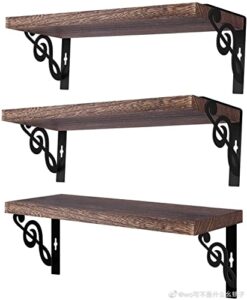 floating wall shelves set of 3, 16-inch solid wood floating shelves cat climbing, wall mounted shelf organizer for living room, bedroom, kitchen, bathroom, office (carbonized-brown)