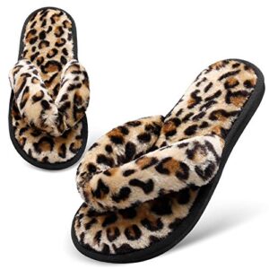 joinfree thong slippers womens fuzzy open toe house slippers slides for women leopard gold 11-12 m