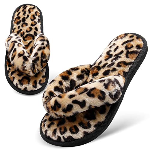 JOINFREE Thong Slippers Womens Fuzzy Open Toe House Slippers Slides for Women Leopard Gold 11-12 M