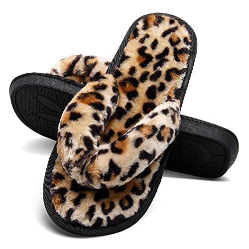 JOINFREE Thong Slippers Womens Fuzzy Open Toe House Slippers Slides for Women Leopard Gold 11-12 M