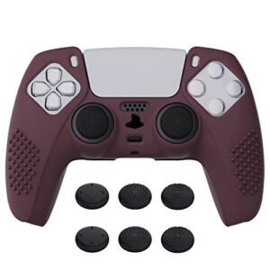 extremerate playvital wine red 3d studded edition anti-slip silicone cover skin for ps5 controller, soft rubber case for ps5 wireless controller with 6 black thumb grip caps