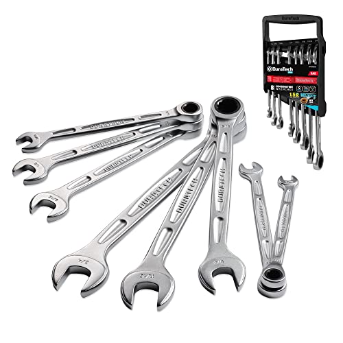 DURATECH Ratcheting Combination Wrench Sets, SAE 5/16" to 3/4" open end wrench set, 8-Piece, 90-Tooth, Chrome Vanadium Steel with Heat Treatment, Sand Blasting and Bright Chrome Plating Box Wrench Set