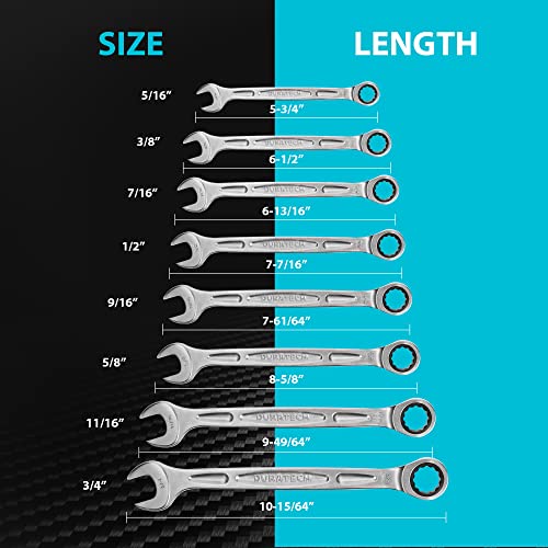 DURATECH Ratcheting Combination Wrench Sets, SAE 5/16" to 3/4" open end wrench set, 8-Piece, 90-Tooth, Chrome Vanadium Steel with Heat Treatment, Sand Blasting and Bright Chrome Plating Box Wrench Set