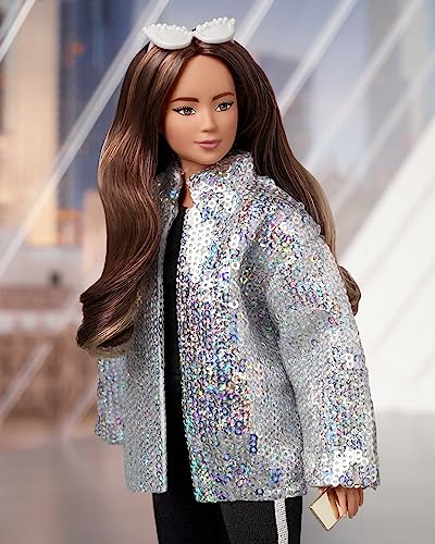 Barbie Signature @BarbieStyle Fully Poseable Fashion Doll (11.5-in Brunette, Curvy) with 2 Tops, Skirt, Pants, Coat, Jacket, 2 Pairs of Shoes & Accessories, Gift for Collector