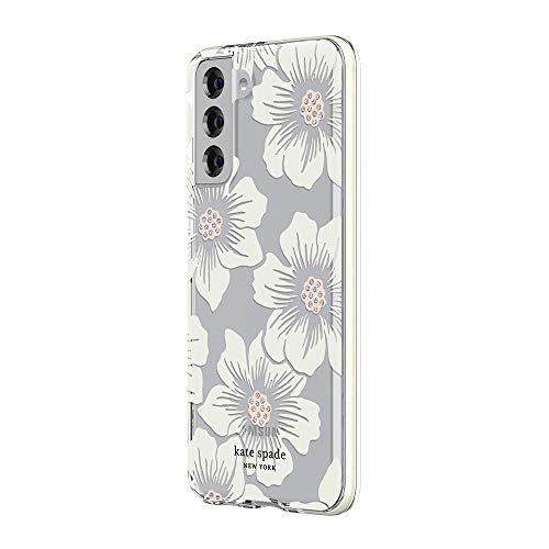 kate spade new york Defensive Hardshell Case Compatible with Samsung Galaxy S21+ 5G - Hollyhock Floral Clear/Cream with Stones/Cream Bumper