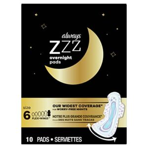 always zzz overnight pads for women size 6 unscented with wings, always' widest coverage for worry-free nights, 10 count