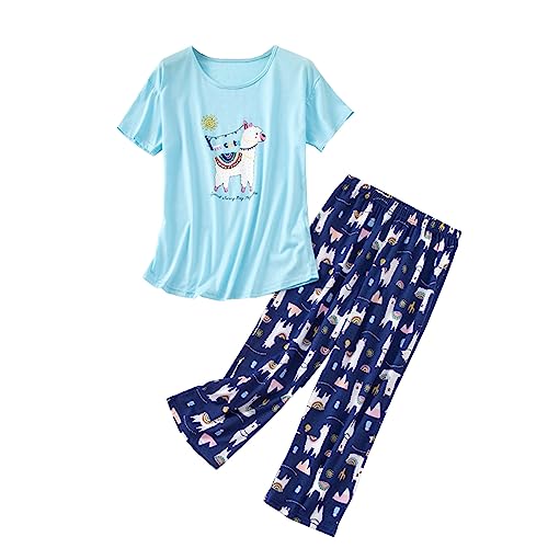 HOWINCO Pajamas for Women Cute Print Tops with Capri Pants Two Piece PJ Sets Plus Size Soft Sleepwear