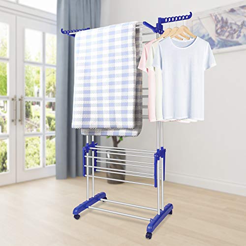 innotic Clothes Drying Rack, Stainless Steel Oversized 4-Tier Collapsible Rolling Drying Rack Clothing Folding Laundry Drying Rack Stand Indoor/Outdoor with Side Wings and Casters Gray Blue