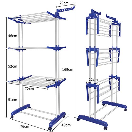 innotic Clothes Drying Rack, Stainless Steel Oversized 4-Tier Collapsible Rolling Drying Rack Clothing Folding Laundry Drying Rack Stand Indoor/Outdoor with Side Wings and Casters Gray Blue