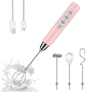 yuswko milk frother handheld with 3 heads, coffee whisk drink foam mixer with usb rechargeable 3 speeds, electric hand frother for latte, cappuccino, hot chocolate, egg - pink