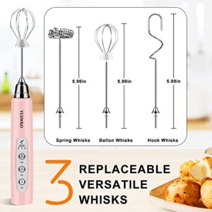 YUSWKO Milk Frother Handheld with 3 Heads, Coffee Whisk Drink Foam Mixer with USB Rechargeable 3 Speeds, Electric Hand Frother for Latte, Cappuccino, Hot Chocolate, Egg - Pink