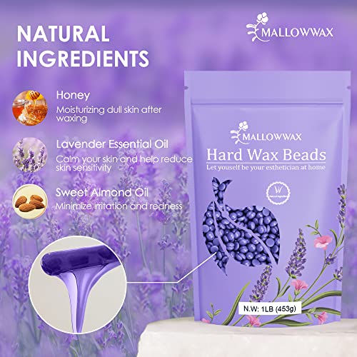 Hard Wax Beads - Mallowwax Lavender Stripless Hard Wax Beans - Wax beads for Hair Removal - Natural, Gentle Wax for Brazilian Bikini - Waxing Beads for Beginners (Coarse Body Hair Specific)