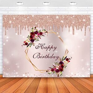 avezano burgundy flower rose gold birthday backdrop slime burgundy floral glitter rose gold birthday background decorations women girls sweet 16th 30th 40th 50th 60th bday photo booth banner (7x5)