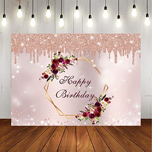 Avezano Burgundy Flower Rose Gold Birthday Backdrop Slime Burgundy Floral Glitter Rose Gold Birthday Background Decorations Women Girls Sweet 16th 30th 40th 50th 60th Bday Photo Booth Banner (7x5)