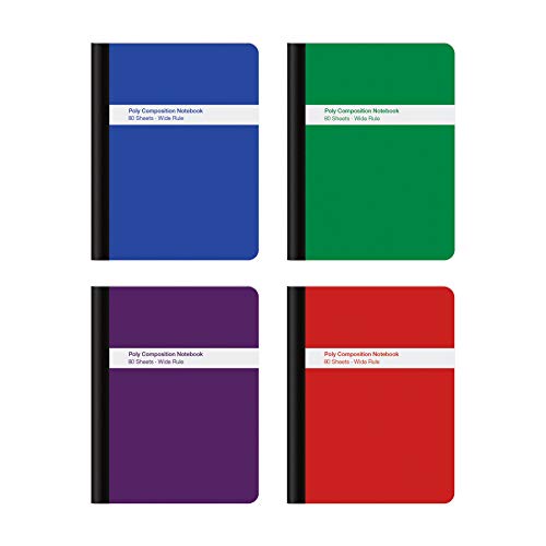 Oxford Poly Composition Notebook 4 Pack, Wide Ruled Paper, 9-3/4 x 7-1/2 Inches, 80 Sheets, Assorted Colors: Blue, Green, Purple, Red (64959)