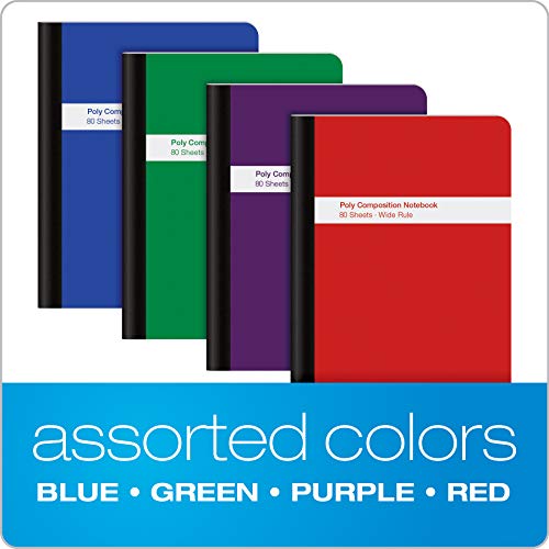 Oxford Poly Composition Notebook 4 Pack, Wide Ruled Paper, 9-3/4 x 7-1/2 Inches, 80 Sheets, Assorted Colors: Blue, Green, Purple, Red (64959)