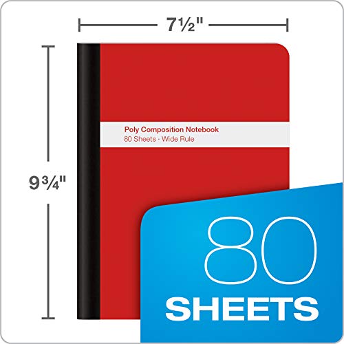 Oxford Poly Composition Notebook 4 Pack, Wide Ruled Paper, 9-3/4 x 7-1/2 Inches, 80 Sheets, Assorted Colors: Blue, Green, Purple, Red (64959)