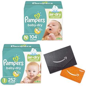 diapers size newborn/size 0 (< 10 lb), 104 count - pampers baby dry disposable baby diapers, super pack with diapers newborn/size 1 (8-14 lb), 252 count and amazon.com gift card in a mini envelope