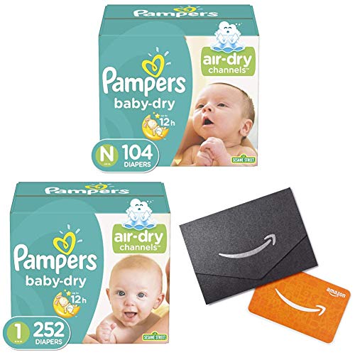 Diapers Size Newborn/Size 0 (< 10 lb), 104 Count - Pampers Baby Dry Disposable Baby Diapers, Super Pack with Diapers Newborn/Size 1 (8-14 lb), 252 Count and Amazon.com Gift Card in a Mini Envelope