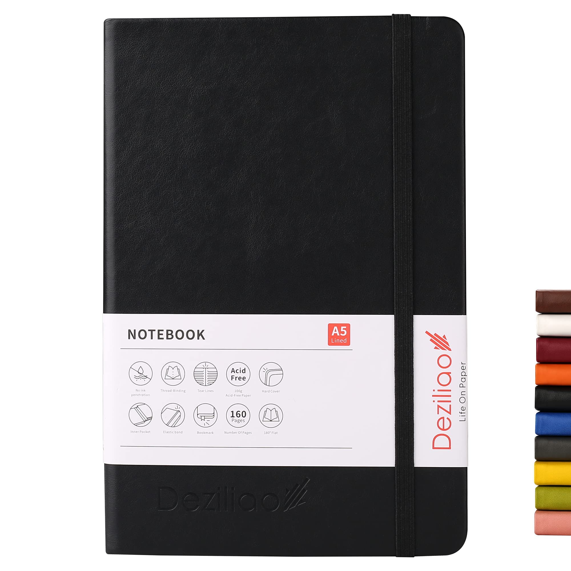 Deziliao Hardcover Notebook Journal 160 Pages, Lined Journal Notebooks for Work, 100Gsm Premium Thick Paper with Pocket, Medium 5.7"x8.4" （Black, Ruled）