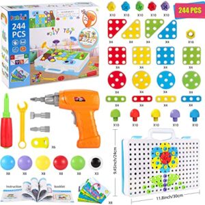 Parhlen Educational Toys Building Blocks, 244 Pieces Electric Screwdriver DIY Building Toys for Boys and Girls, Educational Construction Building kit for Kids Ages 4 5 6 7 8 9 10 Year Old