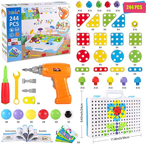 Parhlen Educational Toys Building Blocks, 244 Pieces Electric Screwdriver DIY Building Toys for Boys and Girls, Educational Construction Building kit for Kids Ages 4 5 6 7 8 9 10 Year Old
