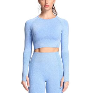 aoxjox long sleeve crop tops for women vital 1.0 workout seamless crop t shirt top (vital sky blue marl, medium)