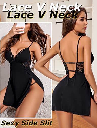 Avidlove Sexy Nightgowns for Women Lace Chemise Lingerie Full Slip Low Back Sleepwear Dress Black