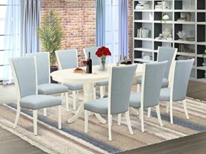 east west furniture vave9-lwh-15 vancouver 9 piece set includes an oval dinner table with butterfly leaf and 8 baby blue fabric parson dining chairs, 40x76 inch, linen white