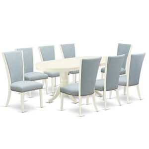 East West Furniture VAVE9-LWH-15 Vancouver 9 Piece Set Includes an Oval Dinner Table with Butterfly Leaf and 8 Baby Blue Fabric Parson Dining Chairs, 40x76 Inch, Linen White
