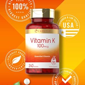 Carlyle Vitamin K 100 mcg | 240 Tablets | Vegetarian, Non-GMO, Gluten Free | Vitamin K Supplement