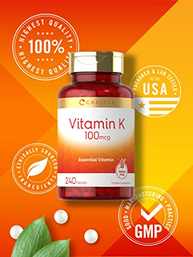 Carlyle Vitamin K 100 mcg | 240 Tablets | Vegetarian, Non-GMO, Gluten Free | Vitamin K Supplement