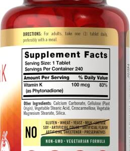 Carlyle Vitamin K 100 mcg | 240 Tablets | Vegetarian, Non-GMO, Gluten Free | Vitamin K Supplement