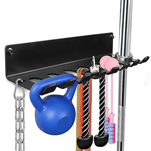 BRTGYM Gym Rack Organizer, Home Gym Accessories Hanger, Wall Mount Hooks for Olympic Barbells, Row Handles, Bats or Tools (E-Book Instruction Included)