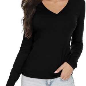 LINDLOOK Women's Slim Fitted V Neck Long Sleeve T Shirt Basic Soft Cotton Tops(Black/V-Neck,L)