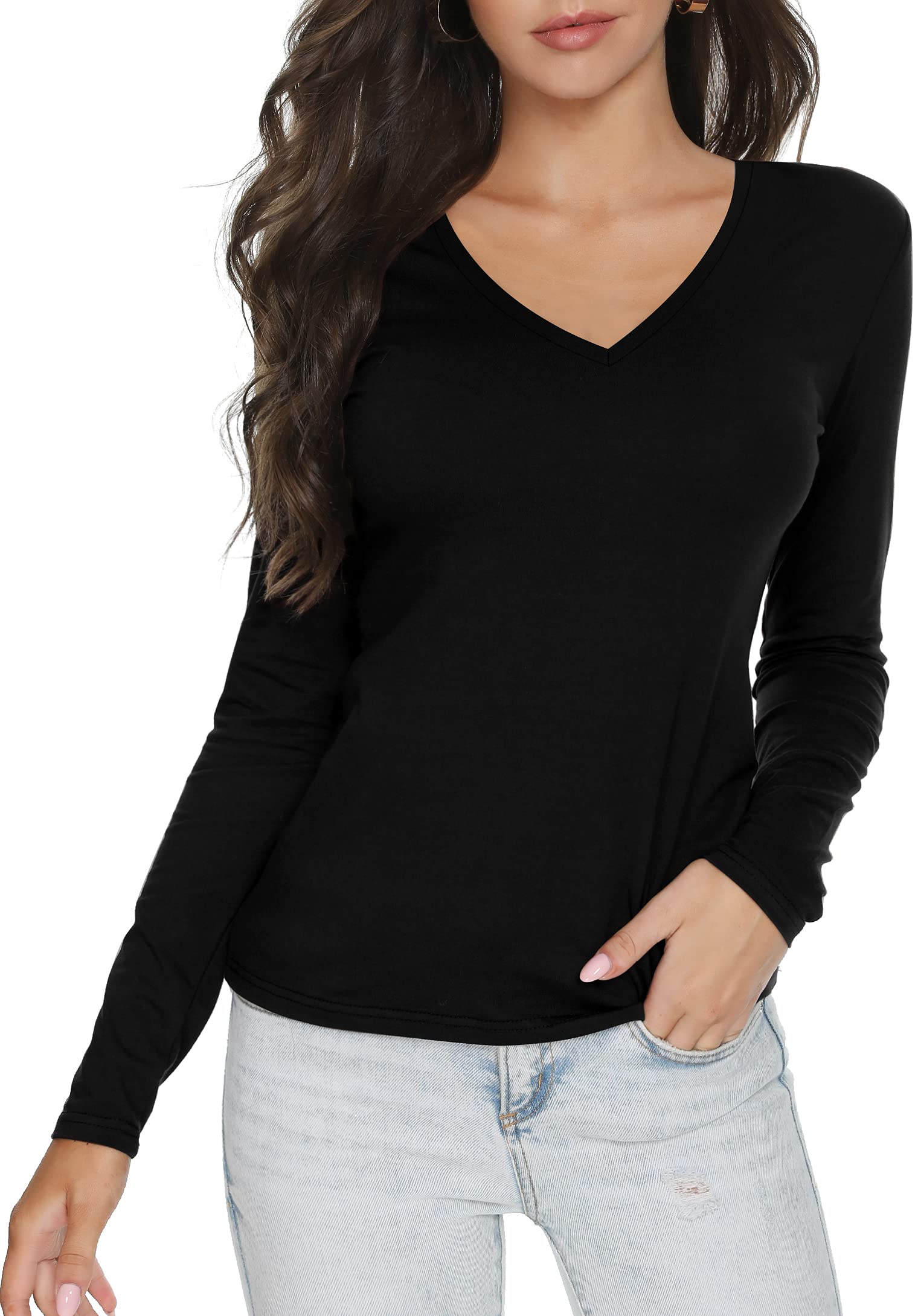 LINDLOOK Women's Slim Fitted V Neck Long Sleeve T Shirt Basic Soft Cotton Tops(Black/V-Neck,L)