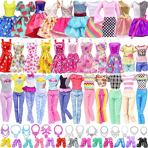 Ecore Fun 39 Pcs Doll Clothes and Accessories 3 Fashion Dresses 10 Slip Dresses 3 Tops 3 Pants 10 Necklaces 10 Shoes Fashion Casual Outfits Perfect for 11.5 inch Dolls