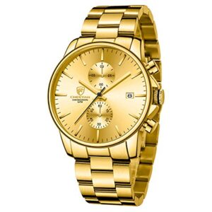 golden hour men's watches with gold stainless steel metal strap fashion casual waterproof chronograph quartz watch, auto date in black hands