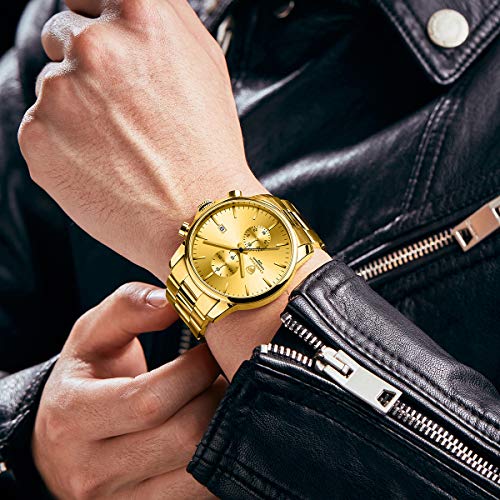 GOLDEN HOUR Men's Watches with Gold Stainless Steel Metal Strap Fashion Casual Waterproof Chronograph Quartz Watch, Auto Date in Black Hands