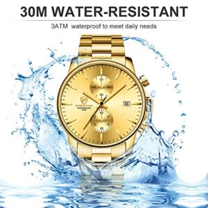 GOLDEN HOUR Men's Watches with Gold Stainless Steel Metal Strap Fashion Casual Waterproof Chronograph Quartz Watch, Auto Date in Black Hands