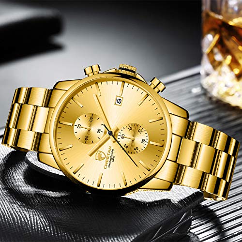 GOLDEN HOUR Men's Watches with Gold Stainless Steel Metal Strap Fashion Casual Waterproof Chronograph Quartz Watch, Auto Date in Black Hands