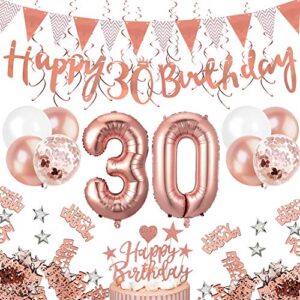 movinpe 30th rose gold birthday decorations, 30th happy birthday banner pennant flags 6pcs hanging swirl, number 30 foil balloons 8pcs latex balloons cake toppers table confetti for women