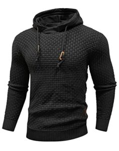 zaitun mens hooded sweatshirt long sleeve solid knitted hoodie pullover sweater black