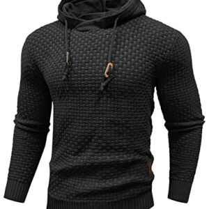 Zaitun Mens Hooded Sweatshirt Long Sleeve Solid Knitted Hoodie Pullover Sweater Black