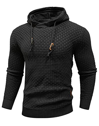 Zaitun Mens Hooded Sweatshirt Long Sleeve Solid Knitted Hoodie Pullover Sweater Black