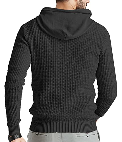 Zaitun Mens Hooded Sweatshirt Long Sleeve Solid Knitted Hoodie Pullover Sweater Black