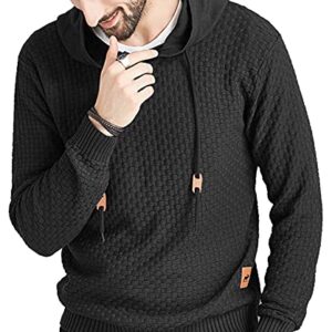 Zaitun Mens Hooded Sweatshirt Long Sleeve Solid Knitted Hoodie Pullover Sweater Black