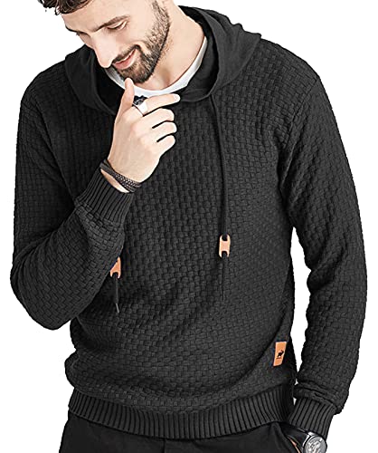 Zaitun Mens Hooded Sweatshirt Long Sleeve Solid Knitted Hoodie Pullover Sweater Black