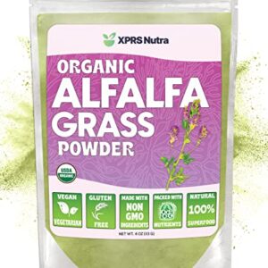 XPRS Nutra Organic Alfalfa Powder - Premium Vegan Alfalfa Supplement Rich in Calcium, Antioxidants, Vitamins - Farmer Alfalfa Supplement for Kids and Adults - Vegan Friendly Alfalfa Leaf (4 Ounce)